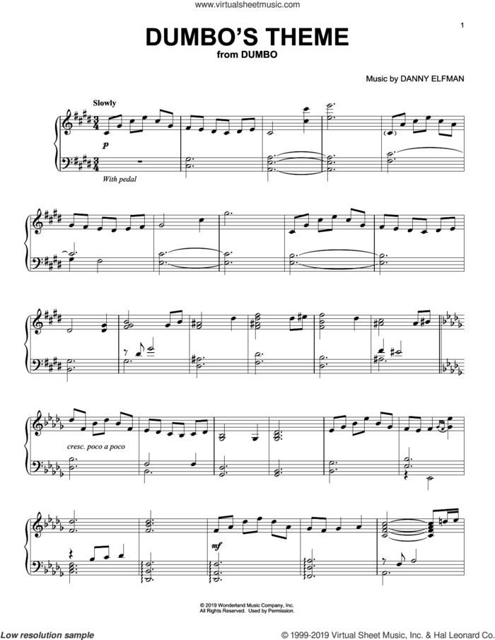 Dumbo's Theme (from the Motion Picture Dumbo) sheet music for piano solo by Danny Elfman, intermediate skill level