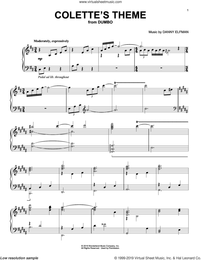 Colette's Theme (from the Motion Picture Dumbo) sheet music for piano solo by Danny Elfman, intermediate skill level