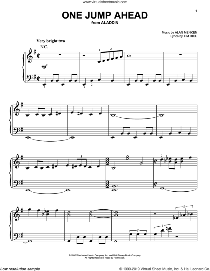 One Jump Ahead (from Disney's Aladdin) sheet music for piano solo by Mena Massoud, Alan Menken and Tim Rice, easy skill level