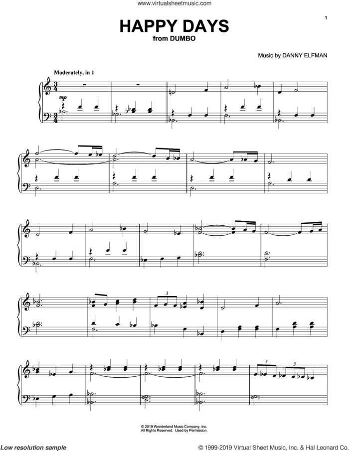 Happy Days (from the Motion Picture Dumbo) sheet music for piano solo by Danny Elfman, intermediate skill level