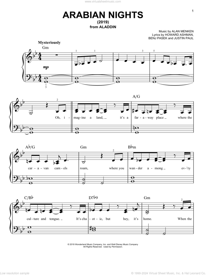 Arabian Nights (2019) (from Disney's Aladdin) sheet music for piano solo by Will Smith, Alan Menken, Benj Pasek, Howard Ashman and Justin Paul, easy skill level