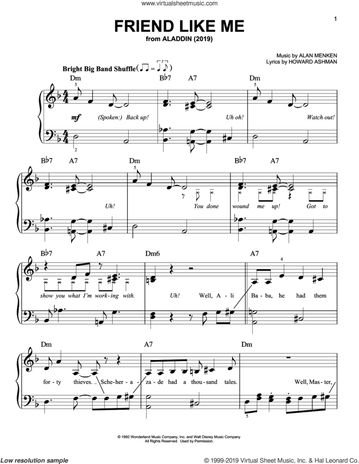 Friend Like Me (from Aladdin) (2019) sheet music for piano solo by Will Smith, Alan Menken and Howard Ashman, easy skill level