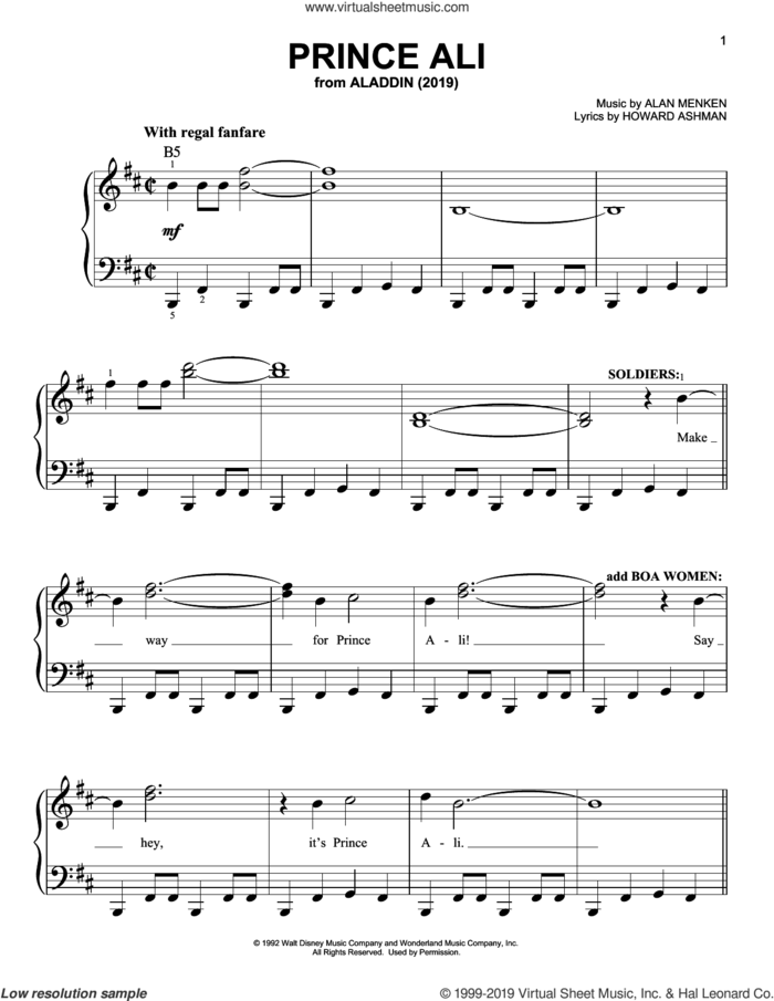 Prince Ali (from Disney's Aladdin) sheet music for piano solo by Will Smith, Alan Menken and Howard Ashman, easy skill level