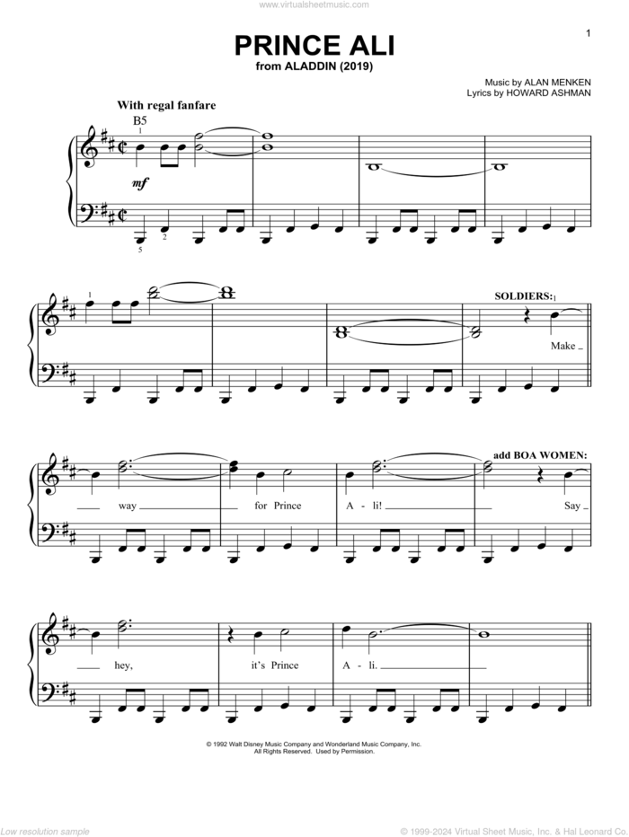 Prince Ali (from Disney's Aladdin) sheet music for piano solo by Will Smith, Alan Menken and Howard Ashman, easy skill level