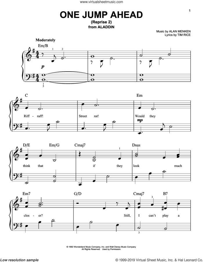 One Jump Ahead (Reprise 2) (from Disney's Aladdin) sheet music for piano solo by Mena Massoud, Alan Menken and Tim Rice, easy skill level