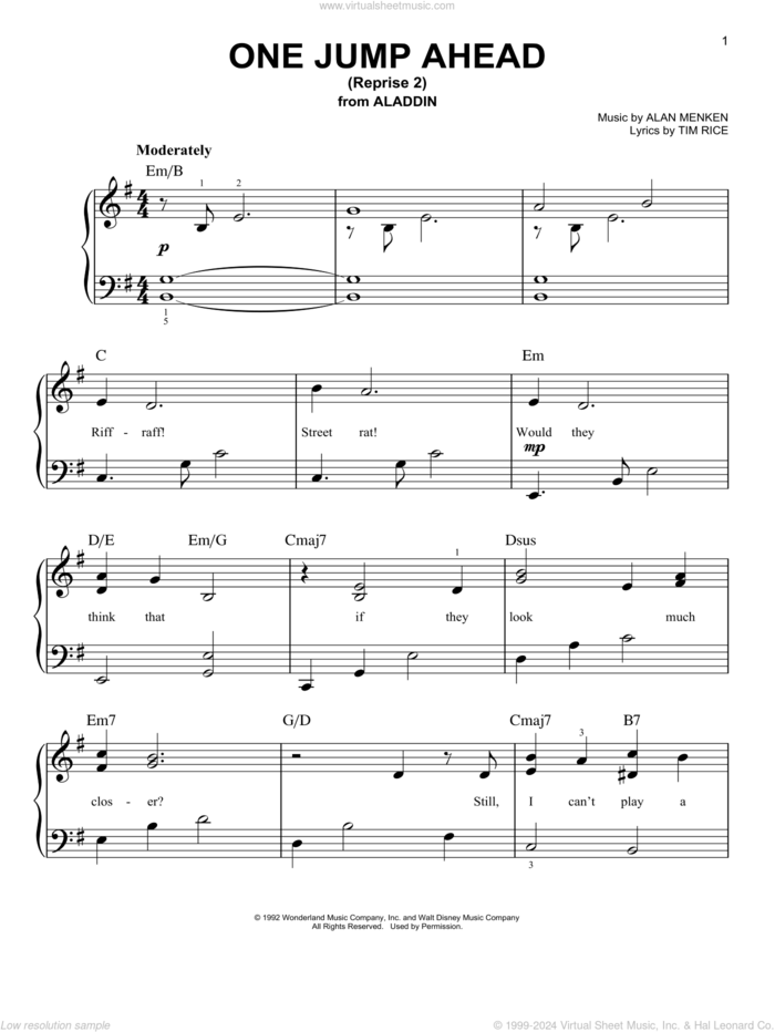 One Jump Ahead (Reprise 2) (from Disney's Aladdin) sheet music for piano solo by Mena Massoud, Alan Menken and Tim Rice, easy skill level