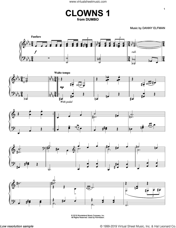 Clowns 1 (from the Motion Picture Dumbo) sheet music for piano solo by Danny Elfman, intermediate skill level