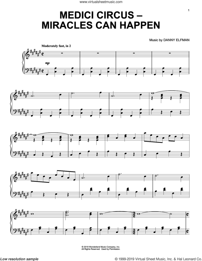 Medici Circus-Miracles Can Happen (from the Motion Picture Dumbo) sheet music for piano solo by Danny Elfman, intermediate skill level