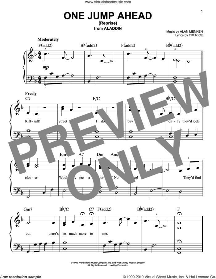 One Jump Ahead (Reprise) (from Disney's Aladdin) sheet music for piano solo by Mena Massoud, Alan Menken and Tim Rice, easy skill level