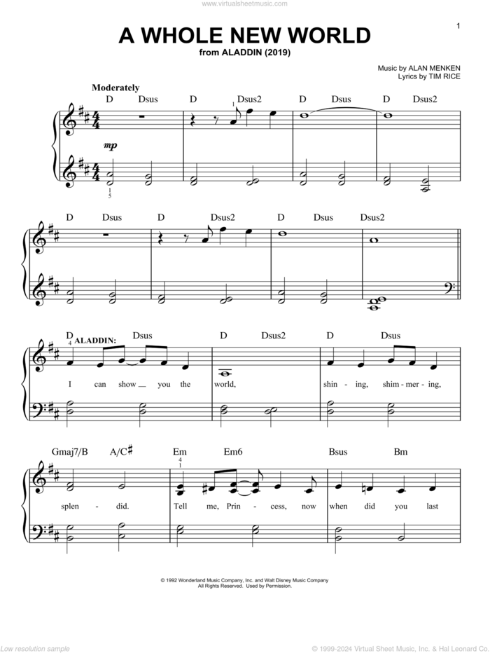 A Whole New World (from Aladdin) (2019) sheet music for piano solo by Mena Massoud & Naomi Scott, Mena Massoud, Naomi Scott, Alan Menken and Tim Rice, wedding score, easy skill level