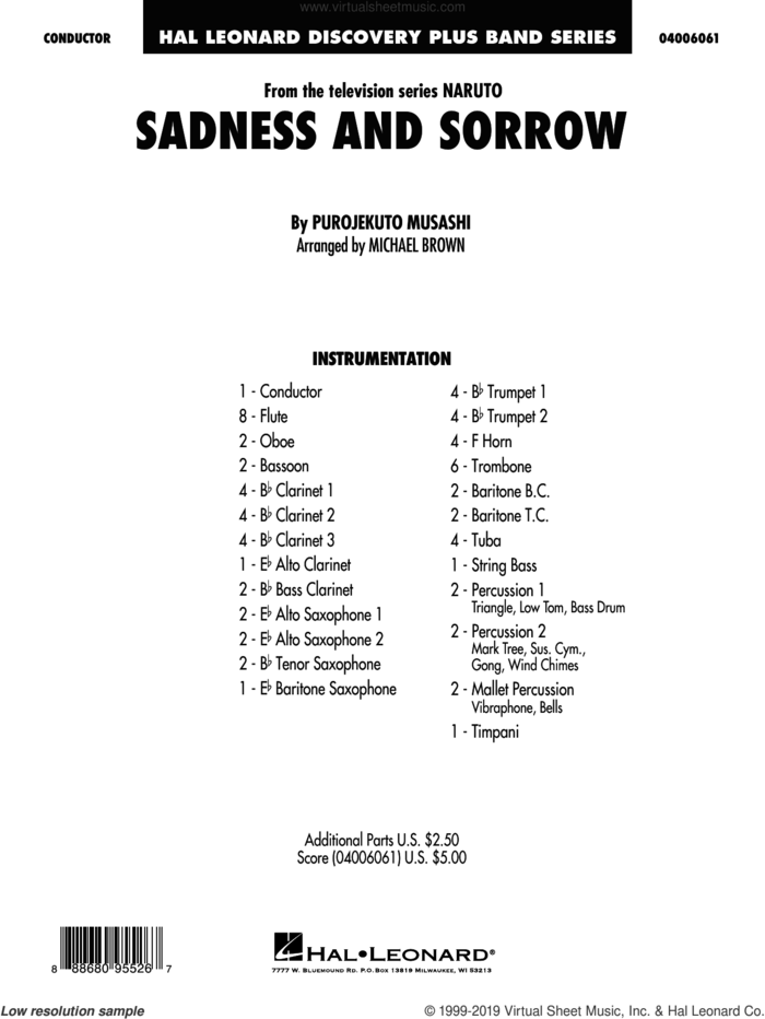 Sadness and Sorrow (from Naruto) (arr. Michael Brown) (COMPLETE) sheet music for concert band by Michael Brown, Purojekuto Musashi and Taylor Davis, intermediate skill level