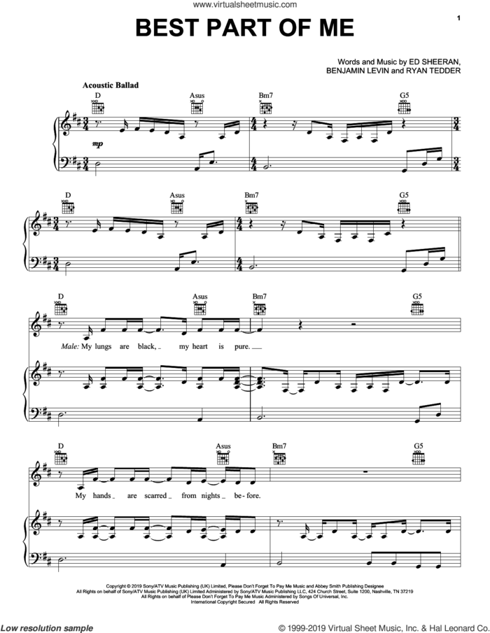 Best Part of Me (feat. YEBBA) sheet music for voice, piano or guitar by Ed Sheeran, YEBBA, Abbey Smith and Benjamin Levin, intermediate skill level