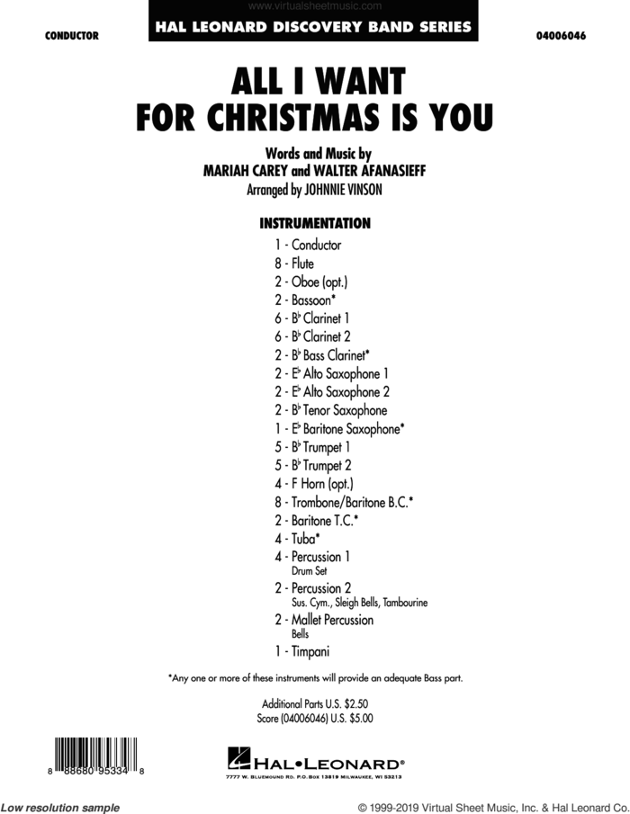 All I Want For Christmas Is You (arr. Johnnie Vinson) (COMPLETE) sheet music for concert band by Mariah Carey, Johnnie Vinson and Walter Afanasieff, intermediate skill level