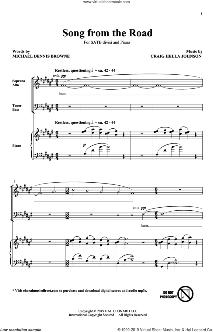 Song From The Road sheet music for choir (SATB: soprano, alto, tenor, bass) by Craig Hella Johnson and Michael Dennis Browne, intermediate skill level