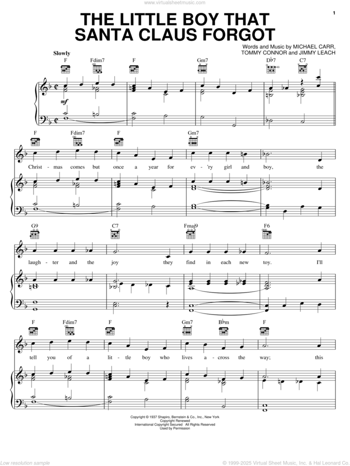 The Little Boy That Santa Claus Forgot sheet music for voice, piano or guitar by Michael Carr, Jimmy Leach and Tommie Connor, intermediate skill level