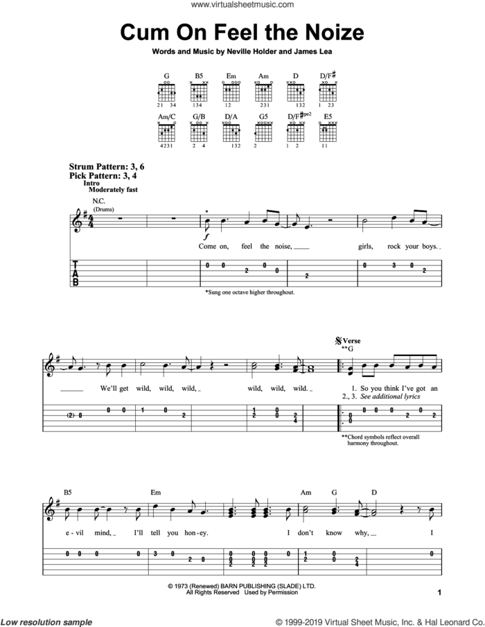 Cum On Feel The Noize sheet music for guitar solo (easy tablature) by Quiet Riot, James Lea and Neville Holder, easy guitar (easy tablature)