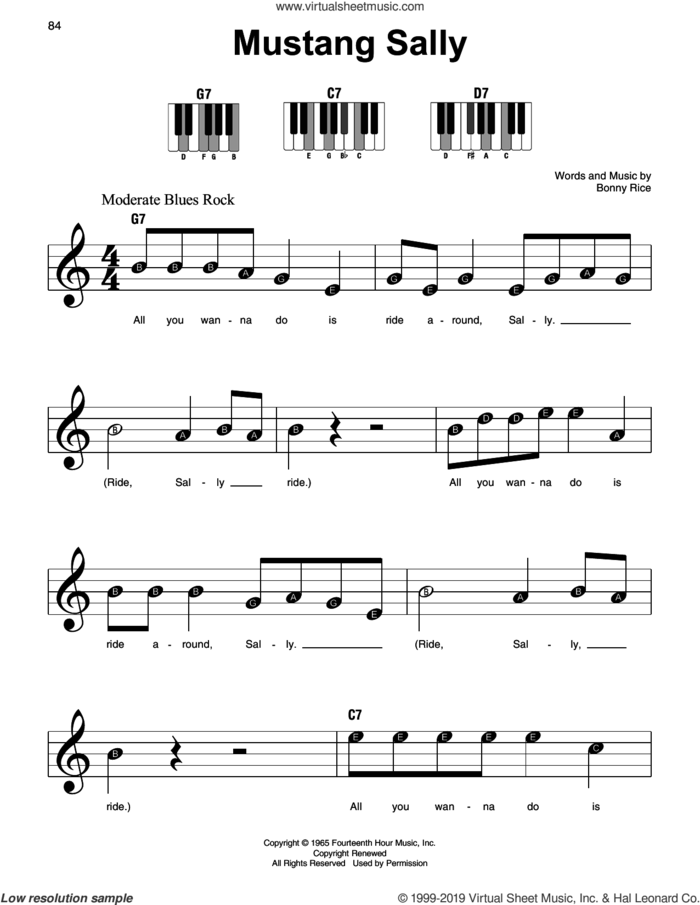 Mustang Sally sheet music for piano solo by Wilson Pickett and Bonny Rice, beginner skill level