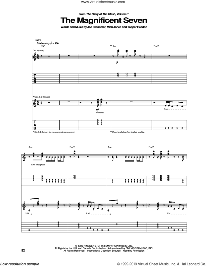 The Magnificent Seven sheet music for guitar (tablature) by The Clash, Joe Strummer, Mick Jones and Topper Headon, intermediate skill level