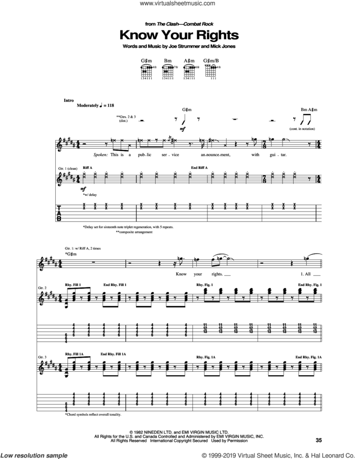 Know Your Rights sheet music for guitar (tablature) by The Clash, Joe Strummer, Mick Jones, Paul Simonon and Topper Headon, intermediate skill level
