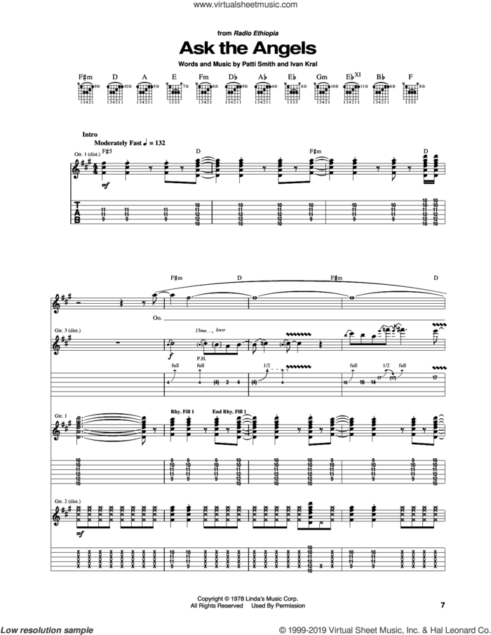 Ask The Angels sheet music for guitar (tablature) by Patti Smith and Ivan Kral, intermediate skill level