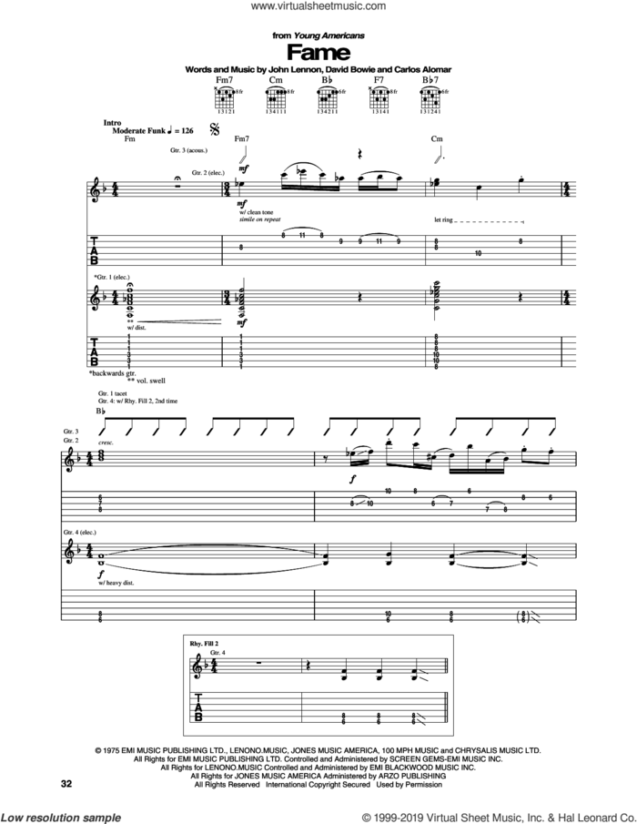 Fame sheet music for guitar (tablature) by David Bowie, Carlos Alomar and John Lennon, intermediate skill level