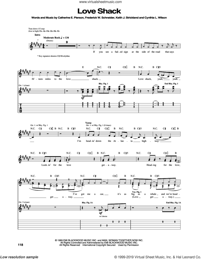 Love Shack sheet music for guitar (tablature) by The B-52's, Catherine E. Pierson, Cynthia L. Wilson, Frederick W. Schneider and Keith Strickland, intermediate skill level