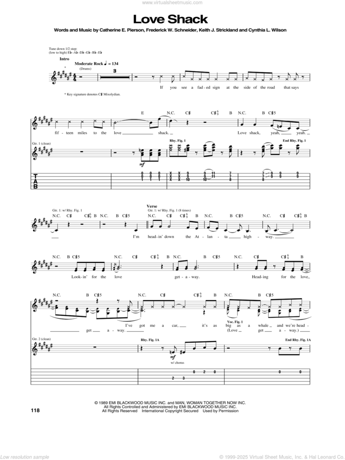 Love Shack sheet music for guitar (tablature) by The B-52's, Catherine E. Pierson, Cynthia L. Wilson, Frederick W. Schneider and Keith Strickland, intermediate skill level