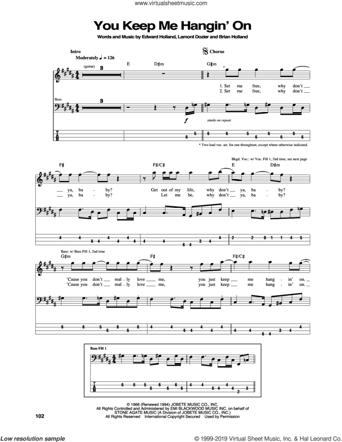 You Keep Me Hangin' On sheet music for bass (tablature) (bass guitar) by The Supremes, Brian Holland, Edward Holland Jr. and Lamont Dozier, intermediate skill level