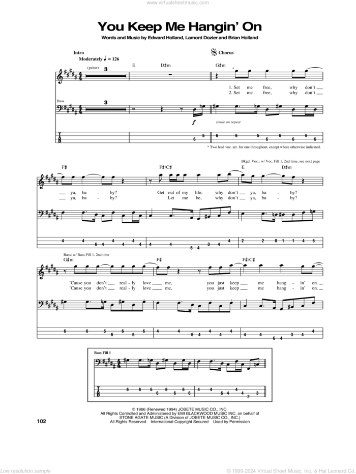 You Keep Me Hangin' On sheet music for bass (tablature) (bass guitar) by The Supremes, Brian Holland, Edward Holland Jr. and Lamont Dozier, intermediate skill level