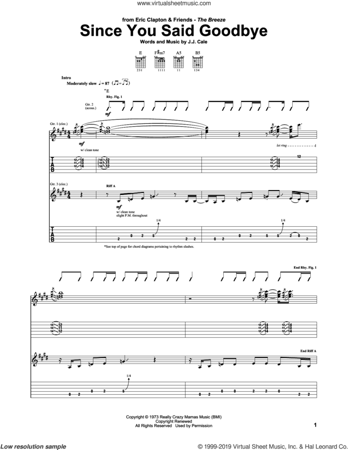 Since You Said Goodbye sheet music for guitar (tablature) by Eric Clapton and John Cale, intermediate skill level