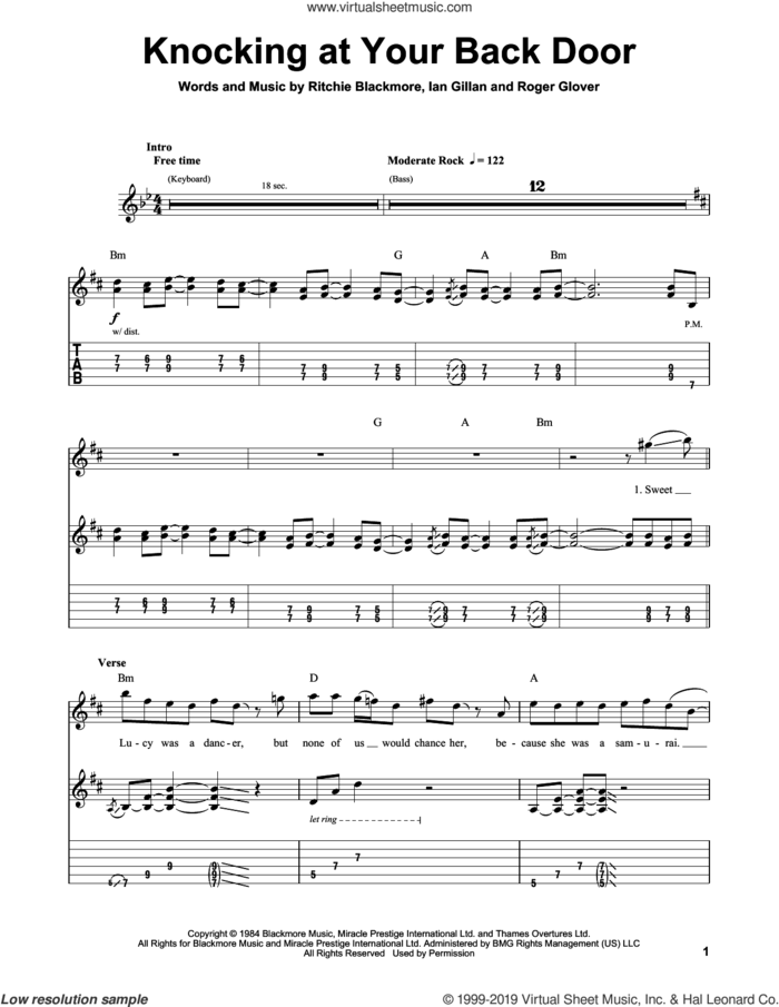 Knocking At Your Back Door sheet music for guitar (tablature, play-along) by Deep Purple, Ian Gillan, Ritchie Blackmore and Roger Glover, intermediate skill level