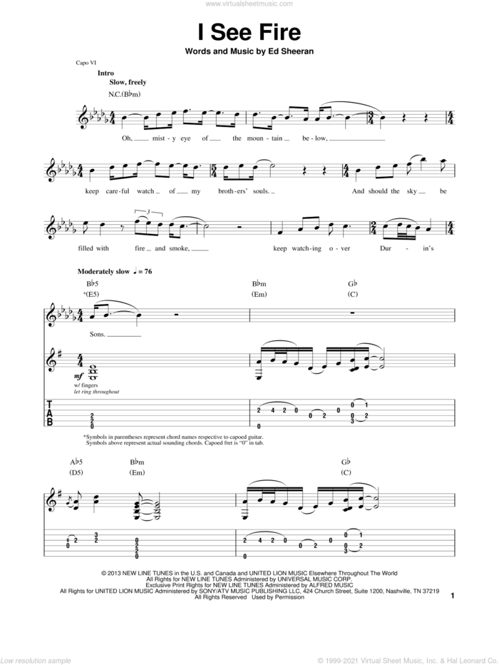 I See Fire (from The Hobbit) sheet music for guitar (tablature, play-along) by Ed Sheeran, intermediate skill level