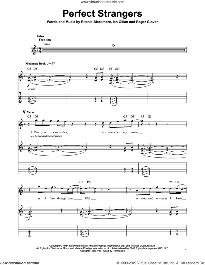 Perfect Strangers sheet music for guitar (tablature, play-along) by Deep Purple, Ian Gillan, Ritchie Blackmore and Roger Glover, intermediate skill level