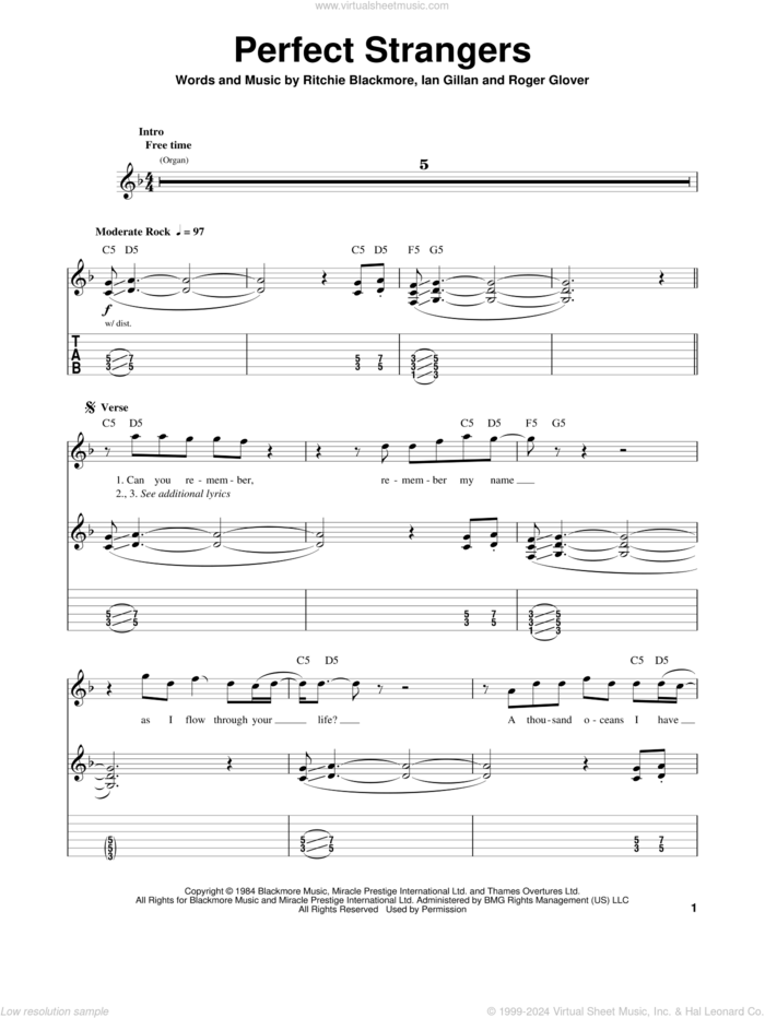 Perfect Strangers sheet music for guitar (tablature, play-along) by Deep Purple, Ian Gillan, Ritchie Blackmore and Roger Glover, intermediate skill level