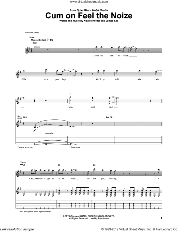 Cum On Feel The Noize sheet music for guitar (tablature) by Quiet Riot, James Lea and Neville Holder, intermediate skill level