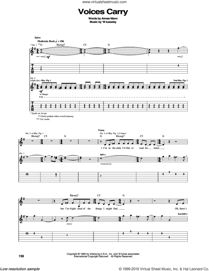 Voices Carry sheet music for guitar (tablature) by 'til tuesday and Aimee Mann, intermediate skill level