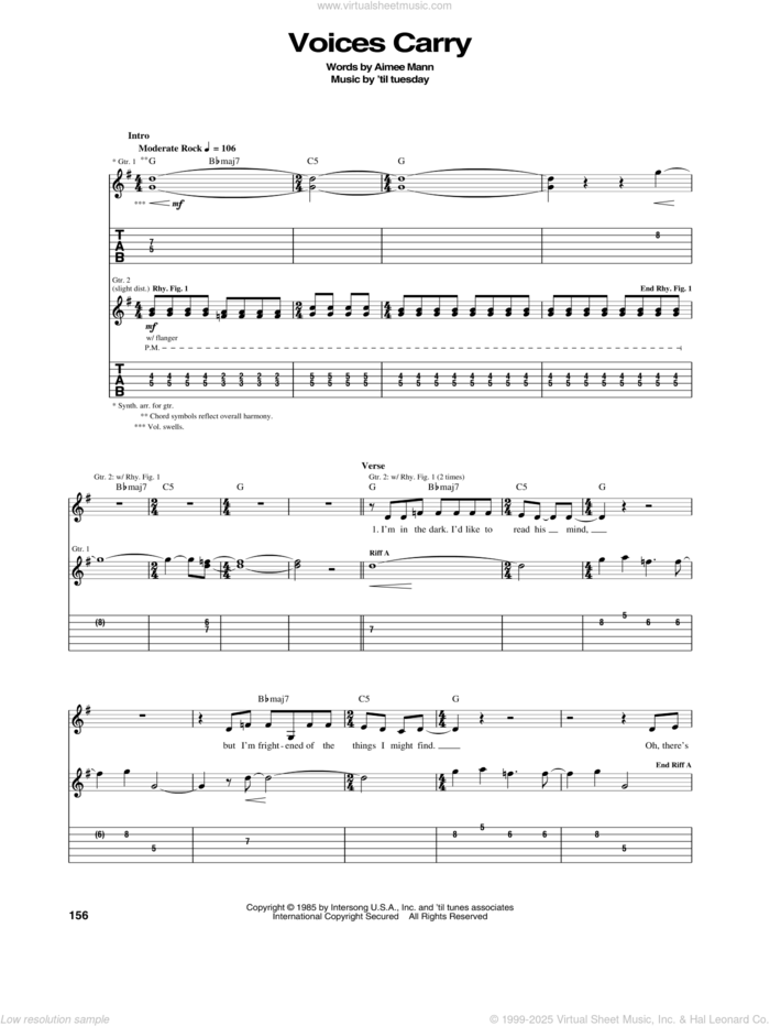 Voices Carry sheet music for guitar (tablature) by 'til tuesday and Aimee Mann, intermediate skill level