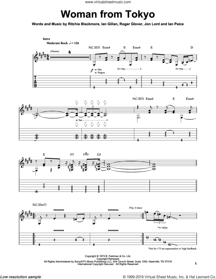 Woman From Tokyo sheet music for guitar (tablature, play-along) by Deep Purple, Ian Gillan, Ian Paice, Jon Lord, Ritchie Blackmore and Roger Glover, intermediate skill level