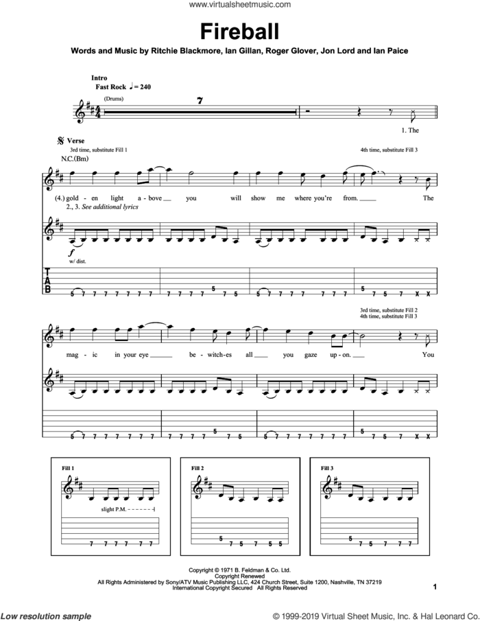 Fireball sheet music for guitar (tablature, play-along) by Deep Purple, Ian Gillan, Ian Paice, Jon Lord, Ritchie Blackmore and Roger Glover, intermediate skill level
