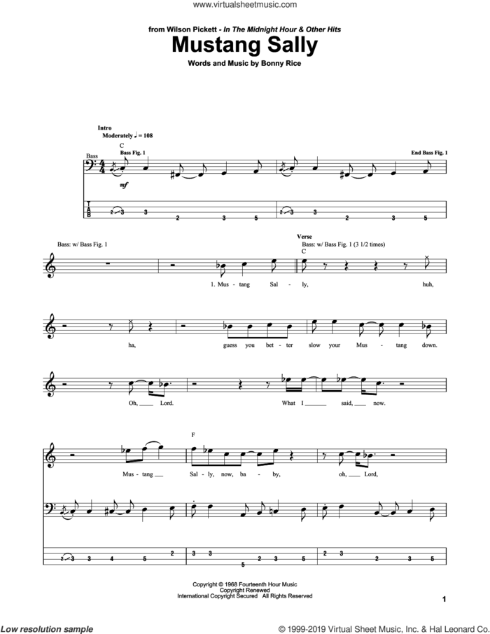 Mustang Sally sheet music for bass (tablature) (bass guitar) by Wilson Pickett and Bonny Rice, intermediate skill level