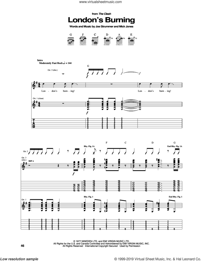 London's Burning sheet music for guitar (tablature) by The Clash, Joe Strummer and Mick Jones, intermediate skill level