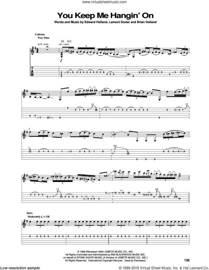 You Keep Me Hangin' On sheet music for guitar (tablature) by The Supremes, Brian Holland, Edward Holland Jr. and Lamont Dozier, intermediate skill level