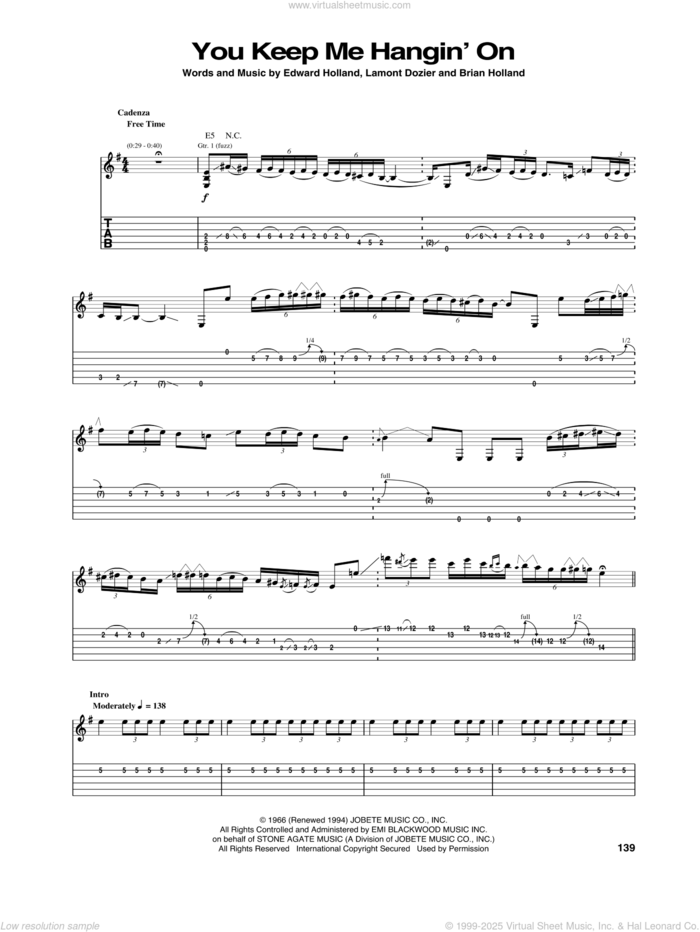 You Keep Me Hangin' On sheet music for guitar (tablature) by The Supremes, Brian Holland, Edward Holland Jr. and Lamont Dozier, intermediate skill level