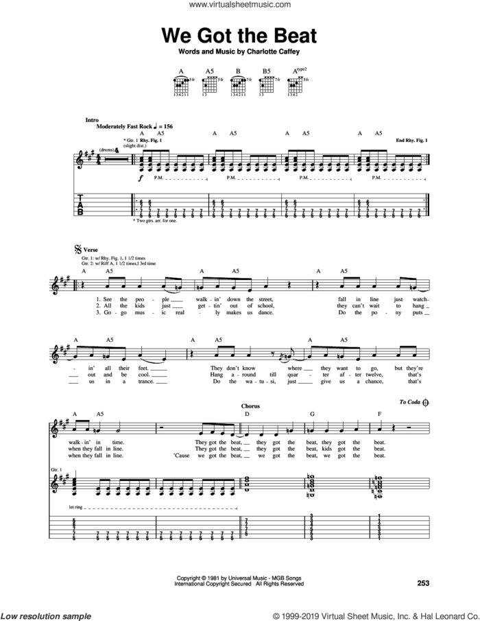 We Got The Beat sheet music for guitar (tablature) by The Go Go's and Charlotte Caffey, intermediate skill level