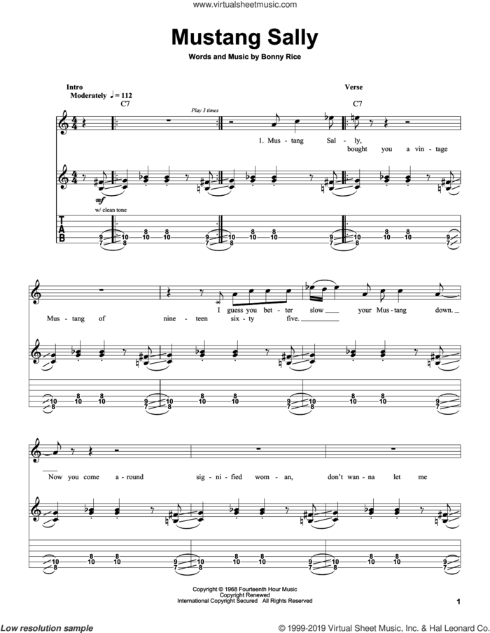 Mustang Sally sheet music for guitar (tablature, play-along) by Wilson Pickett and Bonny Rice, intermediate skill level