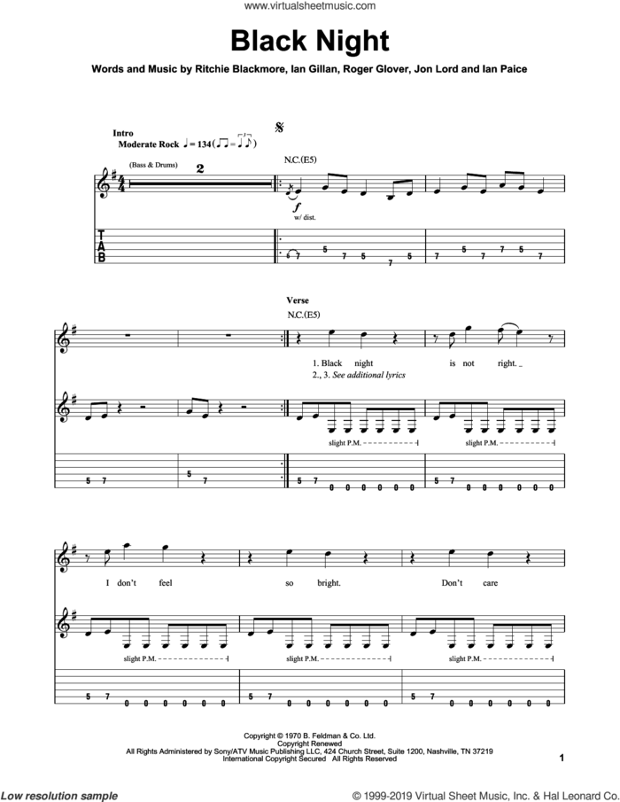 Black Night sheet music for guitar (tablature, play-along) by Deep Purple, Ian Gillan, Ian Paice, Jon Lord, Ritchie Blackmore and Roger Glover, intermediate skill level