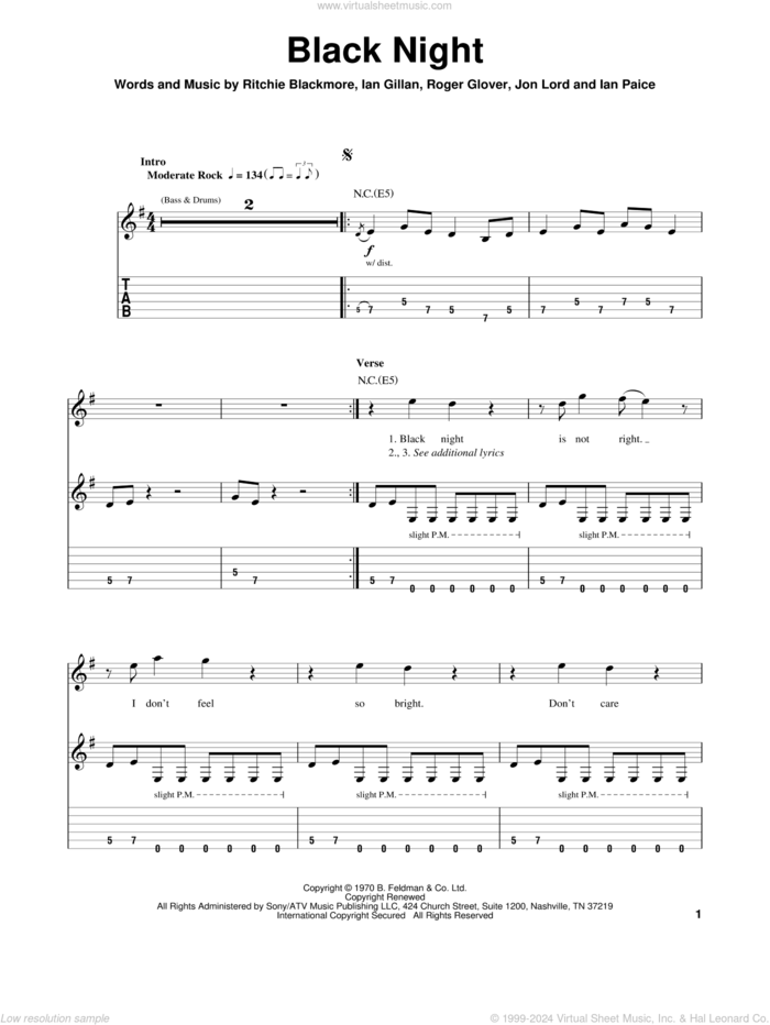 Black Night sheet music for guitar (tablature, play-along) by Deep Purple, Ian Gillan, Ian Paice, Jon Lord, Ritchie Blackmore and Roger Glover, intermediate skill level