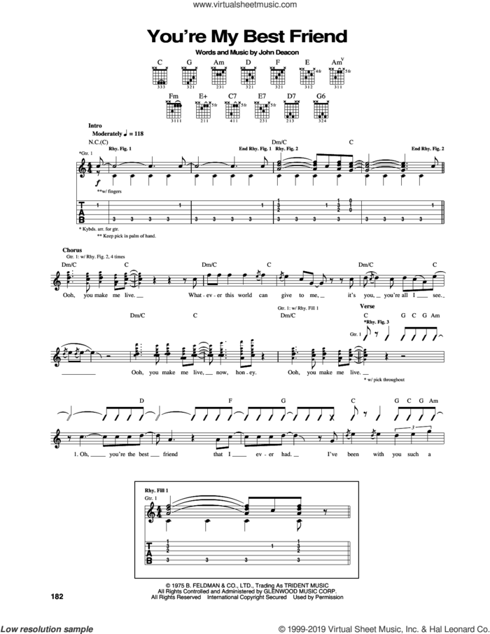 You're My Best Friend sheet music for guitar (tablature) by Queen and John Deacon, intermediate skill level