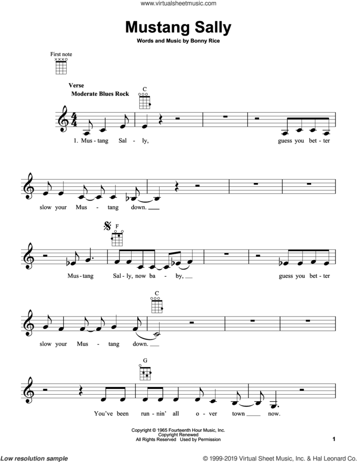 Mustang Sally sheet music for ukulele by Wilson Pickett and Bonny Rice, intermediate skill level