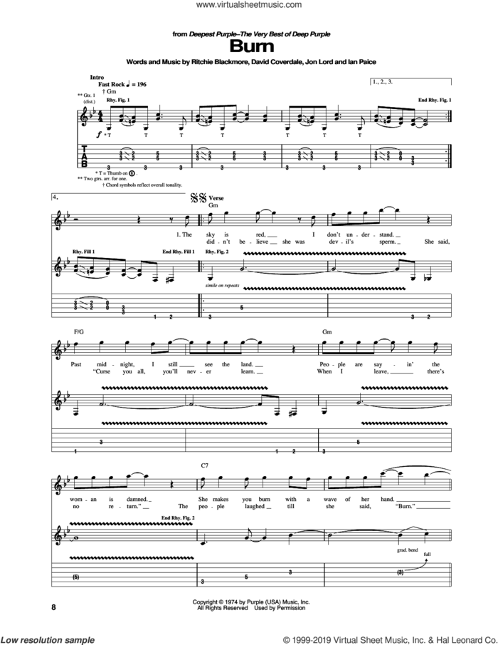 Burn sheet music for guitar (tablature) by Deep Purple, David Coverdale, Ian Paice, Jon Lord and Ritchie Blackmore, intermediate skill level